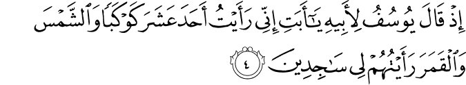 اِذۡ قَالَ يُوۡسُفُ لِاَبِيۡهِ يٰۤاَبَتِ اِنِّىۡ رَاَيۡتُ اَحَدَ عَشَرَ كَوۡكَبًا وَّالشَّمۡسَ وَالۡقَمَرَ رَاَيۡتُهُمۡ لِىۡ سٰجِدِيۡنَ‏