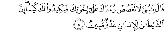 قَالَ يٰبُنَىَّ لَا تَقۡصُصۡ رُءۡيَاكَ عَلٰٓى اِخۡوَتِكَ فَيَكِيۡدُوۡا لَـكَ كَيۡدًا ؕ اِنَّ الشَّيۡطٰنَ لِلۡاِنۡسَانِ عَدُوٌّ مُّبِيۡنٌ‏