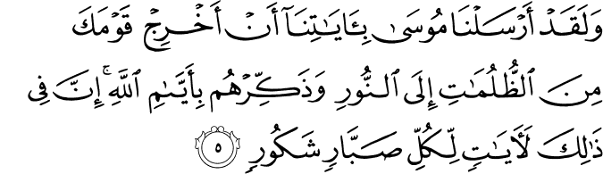 وَلَـقَدۡ اَرۡسَلۡنَا مُوۡسٰى بِاٰيٰتِنَاۤ اَنۡ اَخۡرِجۡ قَوۡمَكَ مِنَ الظُّلُمٰتِ اِلَى النُّوۡرِ ۙ وَذَكِّرۡهُمۡ بِاَيّٰٮمِ اللّٰهِ​ؕ اِنَّ فِىۡ ذٰ لِكَ لَاٰيٰتٍ لّـِكُلِّ صَبَّارٍ شَكُوۡرٍ‏