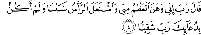 قَالَ رَبِّ اِنِّىۡ وَهَنَ الۡعَظۡمُ مِنِّىۡ وَاشۡتَعَلَ الرَّاۡسُ شَيۡبًا وَّلَمۡ اَكُنۡۢ بِدُعَآٮِٕكَ رَبِّ شَقِيًّا‏