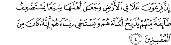 اِنَّ فِرۡعَوۡنَ عَلَا فِى الۡاَرۡضِ وَجَعَلَ اَهۡلَهَا شِيَـعًا يَّسۡتَضۡعِفُ طَآٮِٕفَةً مِّنۡهُمۡ يُذَبِّحُ اَبۡنَآءَهُمۡ وَيَسۡتَحۡىٖ نِسَآءَهُمۡ​ ؕ اِنَّهٗ كَانَ مِنَ الۡمُفۡسِدِيۡنَ‏