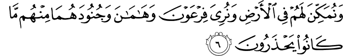 وَنُمَكِّنَ لَهُمۡ فِى الۡاَرۡضِ وَنُرِىَ فِرۡعَوۡنَ وَهَامٰنَ وَجُنُوۡدَهُمَا مِنۡهُمۡ مَّا كَانُوۡا يَحۡذَرُوۡنَ‏