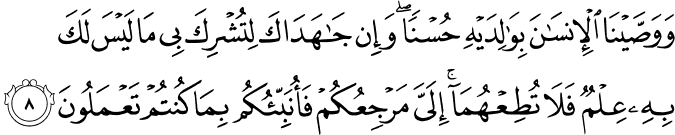 وَوَصَّيۡنَا الۡاِنۡسَانَ بِوَالِدَيۡهِ حُسۡنًا​ ؕ وَاِنۡ جَاهَدٰكَ لِتُشۡرِكَ بِىۡ مَا لَـيۡسَ لَـكَ بِهٖ عِلۡمٌ فَلَا تُطِعۡهُمَا ؕ اِلَىَّ مَرۡجِعُكُمۡ فَاُنَبِّئُكُمۡ بِمَا كُنۡتُمۡ تَعۡمَلُوۡنَ‏