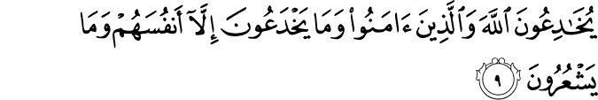 يُخٰدِعُوۡنَ اللّٰهَ وَالَّذِيۡنَ اٰمَنُوۡا ​ۚ وَمَا يَخۡدَعُوۡنَ اِلَّاۤ اَنۡفُسَهُمۡ وَمَا يَشۡعُرُوۡنَؕ‏