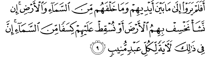 اَفَلَمۡ يَرَوۡا اِلٰى مَا بَيۡنَ اَيۡدِيۡهِمۡ وَمَا خَلۡفَهُمۡ مِّنَ السَّمَآءِ وَالۡاَرۡضِ ؕ اِنۡ نَّشَاۡ نَخۡسِفۡ بِهِمُ الۡاَرۡضَ اَوۡ نُسۡقِطۡ عَلَيۡهِمۡ كِسَفًا مِّنَ السَّمَآءِ ؕ اِنَّ فِىۡ ذٰ لِكَ لَاٰيَةً لِّكُلِّ عَبۡدٍ مُّنِيۡبٍ‏