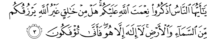 يٰۤاَيُّهَا النَّاسُ اذۡكُرُوۡا نِعۡمَتَ اللّٰهِ عَلَيۡكُمۡؕ هَلۡ مِنۡ خَالِـقٍ غَيۡرُ اللّٰهِ يَرۡزُقُكُمۡ مِّنَ السَّمَآءِ وَالۡاَرۡضِؕ لَاۤ اِلٰهَ اِلَّا هُوَۖ فَاَنّٰى تُؤۡفَكُوۡنَ‏
