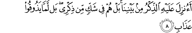 ءَاُنۡزِلَ عَلَيۡهِ الذِّكۡرُ مِنۡۢ بَيۡنِنَا​ؕ بَلۡ هُمۡ فِىۡ شَكٍّ مِّنۡ ذِكۡرِىۡ​ۚ بَلْ لَّمَّا يَذُوۡقُوۡا عَذَابِؕ‏