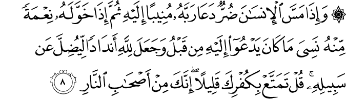 وَاِذَا مَسَّ الۡاِنۡسَانَ ضُرٌّ دَعَا رَبَّهٗ مُنِيۡبًا اِلَيۡهِ ثُمَّ اِذَا خَوَّلَهٗ نِعۡمَةً مِّنۡهُ نَسِىَ مَا كَانَ يَدۡعُوۡۤا اِلَيۡهِ مِنۡ قَبۡلُ وَجَعَلَ لِلّٰهِ اَنۡدَادًا لِّيُـضِلَّ عَنۡ سَبِيۡلِهٖ​ ؕ قُلۡ تَمَتَّعۡ بِكُفۡرِكَ قَلِيۡلًا ​ۖ  اِنَّكَ مِنۡ اَصۡحٰبِ النَّارِ‏