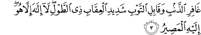 غَافِرِ الذَّنۡۢبِ وَقَابِلِ التَّوۡبِ شَدِيۡدِ الۡعِقَابِ ذِى الطَّوۡلِؕ لَاۤ اِلٰهَ اِلَّا هُوَؕ اِلَيۡهِ الۡمَصِيۡرُ‏