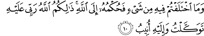 وَمَا اخۡتَلَـفۡتُمۡ فِيۡهِ مِنۡ شَىۡءٍ فَحُكۡمُهٗۤ اِلَى اللّٰهِ​ ؕ ذٰ لِكُمُ اللّٰهُ رَبِّىۡ عَلَيۡهِ تَوَكَّلۡتُۖ وَاِلَيۡهِ اُنِيۡبُ‏