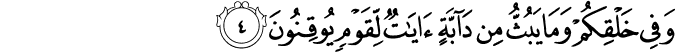 وَفِىۡ خَلۡقِكُمۡ وَمَا يَبُثُّ مِنۡ دَآبَّةٍ اٰيٰتٌ لِّقَوۡمٍ يُّوۡقِنُوۡنَۙ‏ ﻿﻿