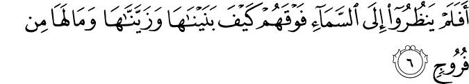 اَ فَلَمۡ يَنۡظُرُوۡۤا اِلَى السَّمَآءِ فَوۡقَهُمۡ كَيۡفَ بَنَيۡنٰهَا وَزَ يَّـنّٰهَا وَمَا لَهَا مِنۡ فُرُوۡجٍ‏