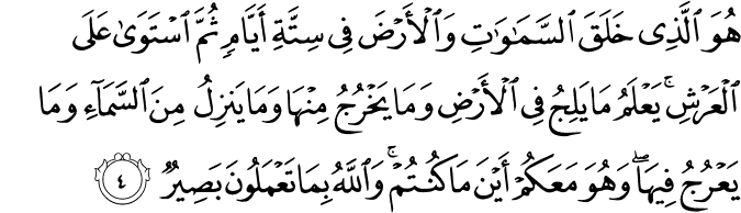 هُوَ الَّذِىۡ خَلَقَ السَّمٰوٰتِ وَالۡاَرۡضَ فِىۡ سِتَّةِ اَيَّامٍ ثُمَّ اسۡتَوٰى عَلَى الۡعَرۡشِ​ؕ يَعۡلَمُ مَا يَلِجُ فِى الۡاَرۡضِ وَمَا يَخۡرُجُ مِنۡهَا وَمَا يَنۡزِلُ مِنَ السَّمَآءِ وَمَا يَعۡرُجُ فِيۡهَاؕ وَهُوَ مَعَكُمۡ اَيۡنَ مَا كُنۡتُمۡ​ؕ وَاللّٰهُ بِمَا تَعۡمَلُوۡنَ بَصِيۡرٌ‏