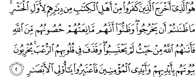 هُوَ الَّذِىۡۤ اَخۡرَجَ الَّذِيۡنَ كَفَرُوۡا مِنۡ اَهۡلِ الۡكِتٰبِ مِنۡ دِيَارِهِمۡ لِاَوَّلِ الۡحَشۡرِ​ؔؕ مَا ظَنَنۡـتُمۡ اَنۡ يَّخۡرُجُوۡا​ وَظَنُّوۡۤا اَنَّهُمۡ مَّانِعَتُهُمۡ حُصُوۡنُهُمۡ مِّنَ اللّٰهِ فَاَتٰٮهُمُ اللّٰهُ مِنۡ حَيۡثُ لَمۡ يَحۡتَسِبُوۡا وَقَذَفَ فِىۡ قُلُوۡبِهِمُ الرُّعۡبَ يُخۡرِبُوۡنَ بُيُوۡتَهُمۡ بِاَيۡدِيۡهِمۡ وَاَيۡدِى الۡمُؤۡمِنِيۡنَ فَاعۡتَبِـرُوۡا يٰۤاُولِى الۡاَبۡصَارِ​‏