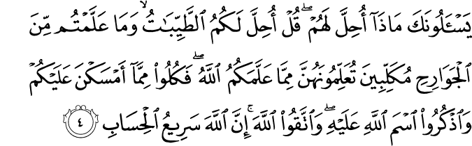 يَسۡـَٔـــلُوۡنَكَ مَاذَاۤ اُحِلَّ لَهُمۡ​ؕ قُلۡ اُحِلَّ لَـكُمُ الطَّيِّبٰتُ​ ۙ وَمَا عَلَّمۡتُمۡ مِّنَ الۡجَـوَارِحِ مُكَلِّبِيۡنَ تُعَلِّمُوۡنَهُنَّ مِمَّا عَلَّمَكُمُ اللّٰهُ​ فَكُلُوۡا مِمَّاۤ اَمۡسَكۡنَ عَلَيۡكُمۡ وَاذۡكُرُوا اسۡمَ اللّٰهِ عَلَيۡهِ​ وَاتَّقُوا اللّٰهَ​ ؕ اِنَّ اللّٰهَ سَرِيۡعُ الۡحِسَابِ‏