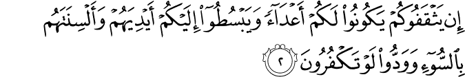 اِنۡ يَّثۡقَفُوۡكُمۡ يَكُوۡنُوۡا لَـكُمۡ اَعۡدَآءً وَّيَبۡسُطُوۡۤا اِلَيۡكُمۡ اَيۡدِيَهُمۡ وَاَلۡسِنَتَهُمۡ بِالسُّوۡٓءِ وَوَدُّوۡا لَوۡ تَكۡفُرُوۡنَؕ‏