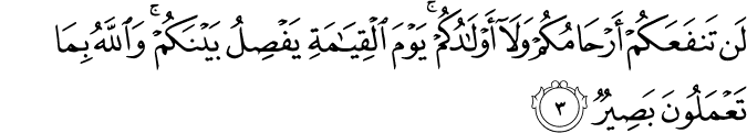 لَنۡ تَـنۡفَعَكُمۡ اَرۡحَامُكُمۡ وَلَاۤ اَوۡلَادُكُمۡ ۛۚ يَوۡمَ الۡقِيٰمَةِ ۛۚ يَفۡصِلُ بَيۡنَكُمۡ​ؕ وَاللّٰهُ بِمَا تَعۡمَلُوۡنَ بَصِيۡرٌ‏