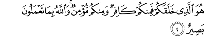 هُوَ الَّذِىۡ خَلَقَكُمۡ فَمِنۡكُمۡ كَافِرٌ وَّمِنۡكُمۡ مُّؤۡمِنٌ​ؕ وَاللّٰهُ بِمَا تَعۡمَلُوۡنَ بَصِيۡرٌ‏