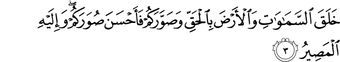 خَلَقَ السَّمٰوٰتِ وَالۡاَرۡضَ بِالۡحَـقِّ وَصَوَّرَكُمۡ​ فَاَحۡسَنَ صُوَرَكُمۡۚ​ وَاِلَيۡهِ الۡمَصِيۡرُ‏