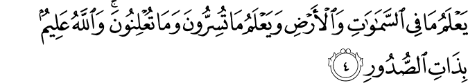يَعۡلَمُ مَا فِى السَّمٰوٰتِ وَالۡاَرۡضِ وَيَعۡلَمُ مَا تُسِرُّوۡنَ وَمَا تُعۡلِنُوۡنَ​ؕ وَاللّٰهُ عَلِيۡمٌۢ بِذَاتِ الصُّدُوۡرِ‏