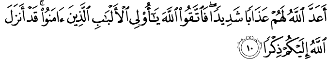 اَعَدَّ اللّٰهُ لَهُمۡ عَذَابًا شَدِيۡدًا​ ۙ فَاتَّقُوا اللّٰهَ يٰۤاُولِى الۡاَ لۡبَابِ ۖۚ ۛ الَّذِيۡنَ اٰمَنُوۡا ۛؕ قَدۡ اَنۡزَلَ اللّٰهُ اِلَيۡكُمۡ ذِكۡرًا ۙ‏