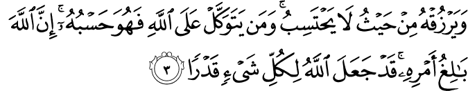 وَّيَرۡزُقۡهُ مِنۡ حَيۡثُ لَا يَحۡتَسِبُ​ ؕ وَمَنۡ يَّتَوَكَّلۡ عَلَى اللّٰهِ فَهُوَ حَسۡبُهٗ ؕ اِنَّ اللّٰهَ بَالِغُ اَمۡرِهٖ​ ؕ قَدۡ جَعَلَ اللّٰهُ لِكُلِّ شَىۡءٍ قَدۡرًا‏