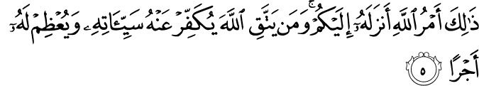 ذٰ لِكَ اَمۡرُ اللّٰهِ اَنۡزَلَهٗۤ اِلَيۡكُمۡ​ ؕ وَمَنۡ يَّـتَّـقِ اللّٰهَ يُكَفِّرۡ عَنۡهُ سَيِّاٰتِهٖ وَيُعۡظِمۡ لَهٗۤ اَجۡرًا‏