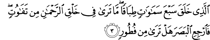 الَّذِىۡ خَلَقَ سَبۡعَ سَمٰوٰتٍ طِبَاقًا​ ؕ مَا تَرٰى فِىۡ خَلۡقِ الرَّحۡمٰنِ مِنۡ تَفٰوُتٍ​ ؕ فَارۡجِعِ الۡبَصَرَۙ هَلۡ تَرٰى مِنۡ فُطُوۡرٍ‏