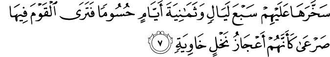 سَخَّرَهَا عَلَيۡهِمۡ سَبۡعَ لَيَالٍ وَّثَمٰنِيَةَ اَيَّامٍۙ حُسُوۡمًا ۙ فَتَرَى الۡقَوۡمَ فِيۡهَا صَرۡعٰىۙ كَاَنَّهُمۡ اَعۡجَازُ نَخۡلٍ خَاوِيَةٍ​ ۚ‏