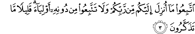 اِتَّبِعُوۡا مَاۤ اُنۡزِلَ اِلَيۡكُمۡ مِّنۡ رَّبِّكُمۡ وَلَا تَتَّبِعُوۡا مِنۡ دُوۡنِهٖۤ اَوۡلِيَآءَ​ ؕ قَلِيۡلًا مَّا تَذَكَّرُوۡنَ‏